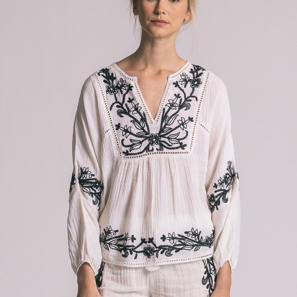 Misa Black and White Embroidered Blouse